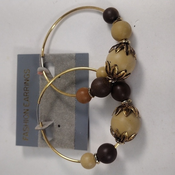 Boho Beaded Hoop Earrings – Natural Wood Look Beads, Gold-Tone Wire – Jewelry #2 - Picture 4 of 7